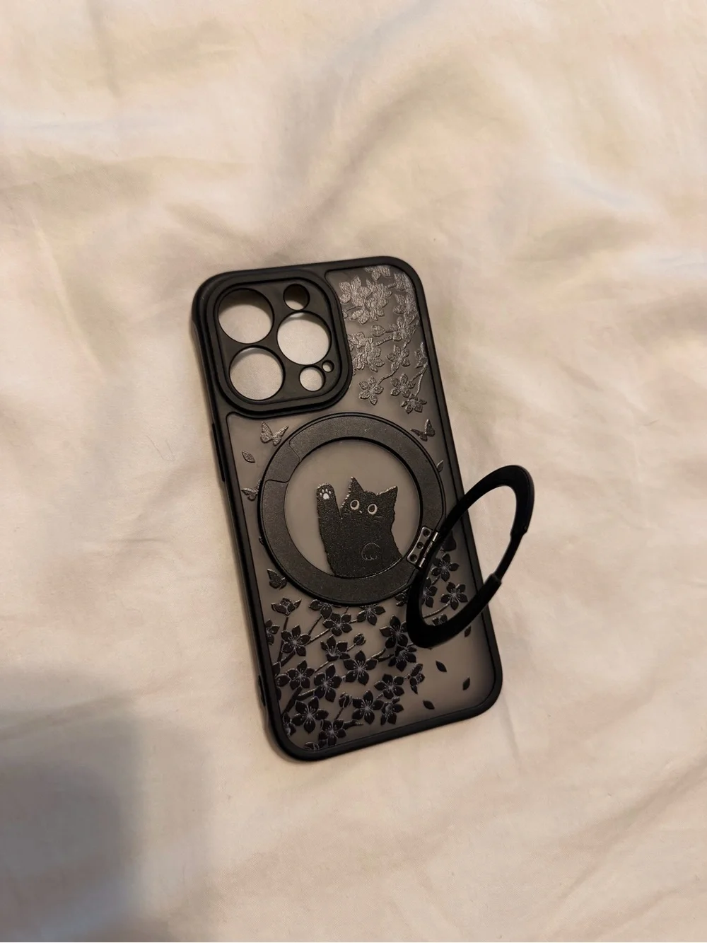 Black Cat Floral iPhone 13 Pro Case with Ring Grip